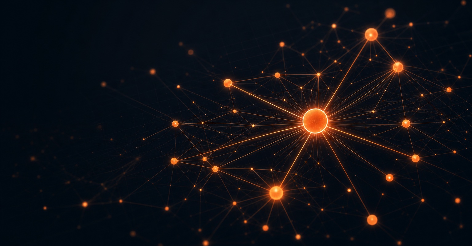 Abstract network of glowing copper nodes on a dark field, many small sources converging into one bright answer node