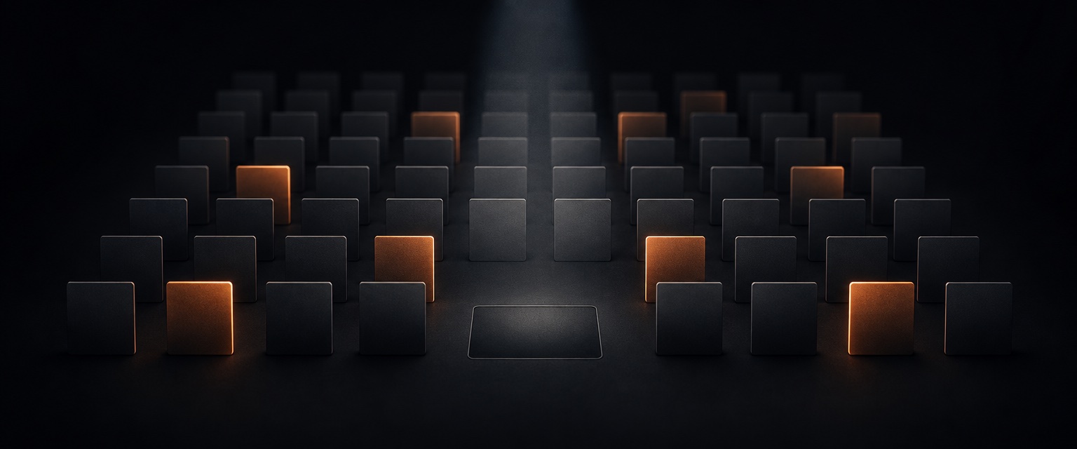 Rows of dim card shapes on a dark field with a few glowing copper, and one conspicuously empty slot under a spotlight