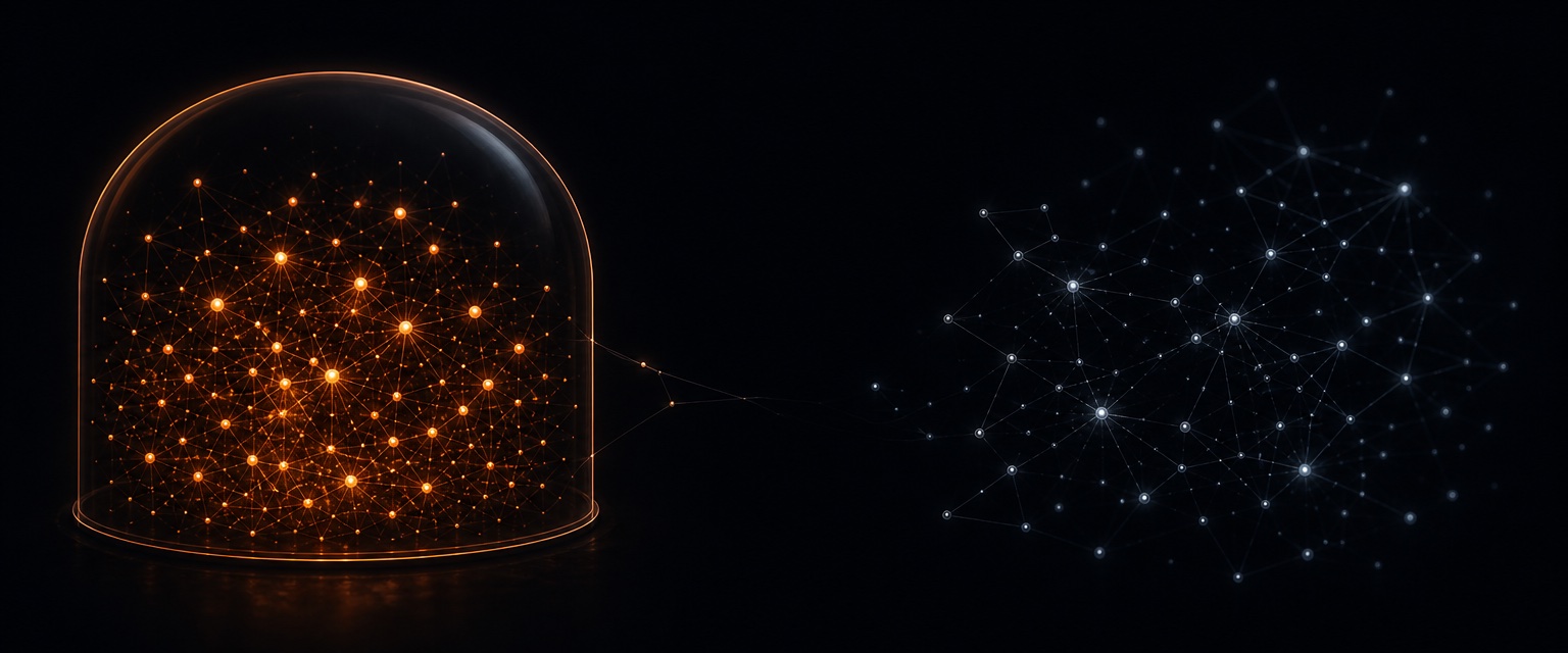 Two abstract network clusters on a dark field: a copper cluster sealed under a glass dome on the left, an open slate-blue constellation on the right
